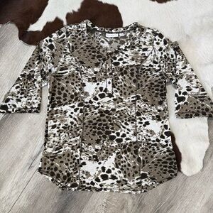 Susan Graver Brown and Cream Stretchy 3/4 Sleeve Animal Print Blouse Shirt Top